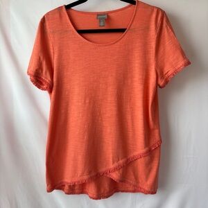 Chico's Orange Asymmetrical Short Sleeve T-Shirt Sz 1 Orange Fringe Crossover
